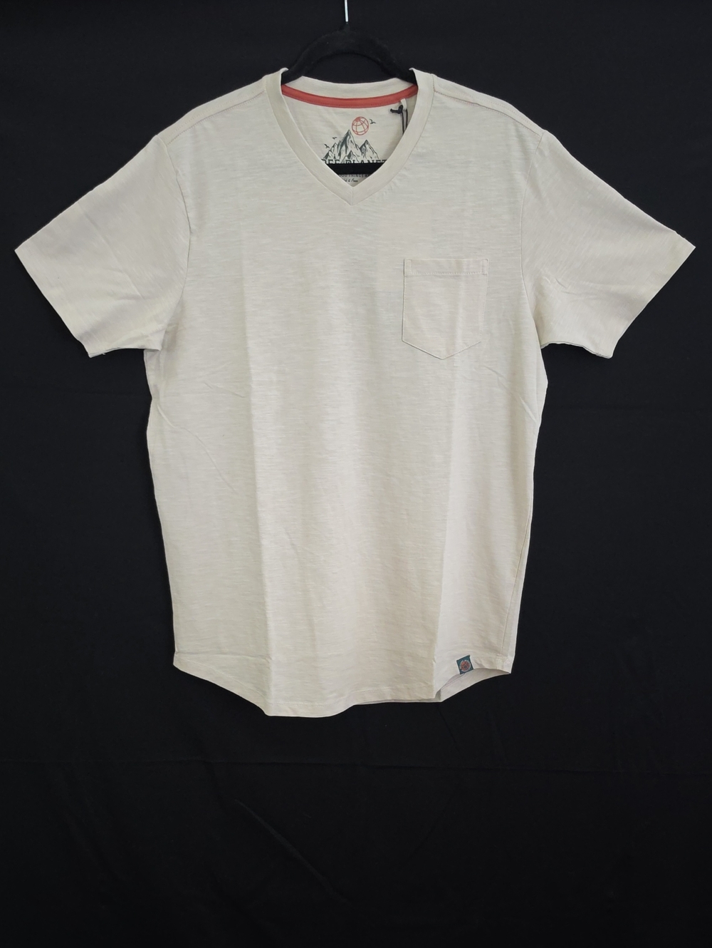 Free Planet Men's V-Neck Organic Cotton Short Sleeve Pocket Tee in Light Beige